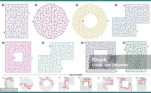 Maze Task Maze Puzzle Activities Graphs Set With Solutions Stock Illustration ...