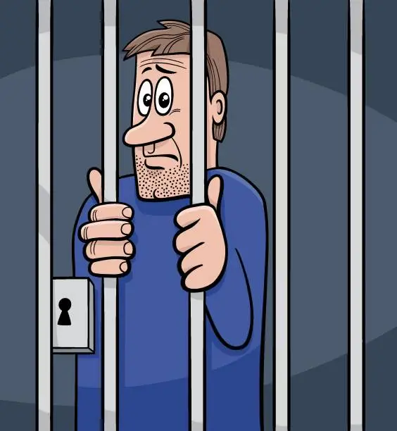 Vector illustration of cartoon jailed man behind the prison bars