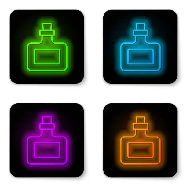 Vector illustration of Glowing neon line Sauce bottle icon isolated on white background. Ketchup, mustard and mayonnaise bottles with sauce for fast food. Black square button. Vector