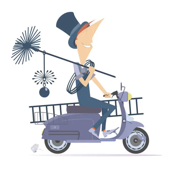 Vector illustration of Cartoon chimney sweeper rides on the scooter