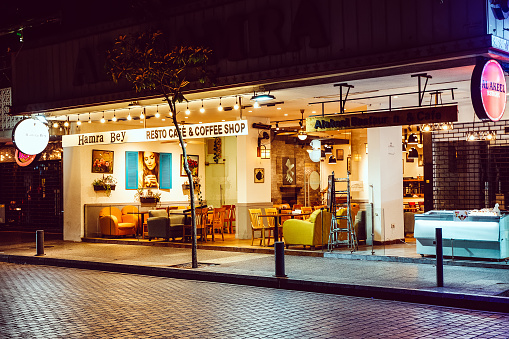 Beirut, Lebanon - September 26, 2023: Night view of street cafe on Hamra street in the center of Beirut. Republic of Lebanon
