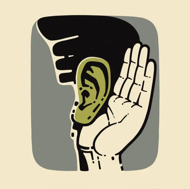 Vector illustration of Listening, hand to ear