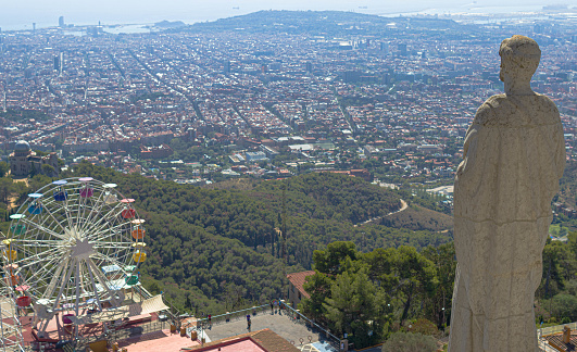 Barcelona Spain 09/08/2023: A high angle view of Tibidabo Amusement park