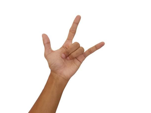 istock Man hand rocker on Isolated white background. Hand giving the devil horns gesture 1733348899