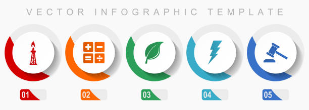 Fuel and energy icon set, miscellaneous icons such as oil and gas, calculator, leaf, bolt and auction, flat design vector infographic template, web buttons in 5 color options - ilustração de arte vetorial