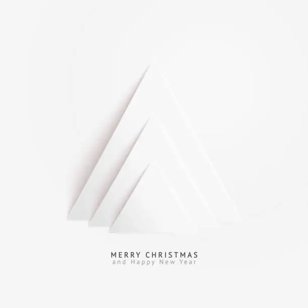 Vector illustration of Holiday Card design in vector with abstract composition consist of three  paper triangles arranged on white paper background - minimalist  illustration with hyper realistic shadow, 3D effect and Merry Christmas and Happy New Year text