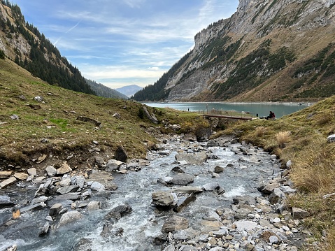 Aua dil Mer stream or Aua dil Mer creek (Aua dil Mer Bach) over the lake Panixersee (Lag da Pigniu) and in the Glarus Alps massif, Pigniu-Panix - Canton of Grisons, Switzerland (Kanton Graubünden, Schweiz)