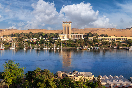 Egyptian Boat on the Nile River for Passengers transportation to Another Riverside in Luxor city, Egypt