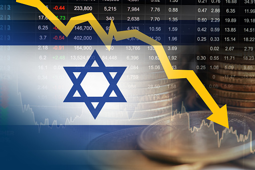 Israel flag with stock market finance, economy trend graph digital technology.