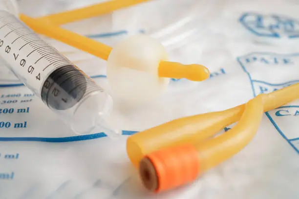 Foley catheter and urine drainage bag collect urine for disability or patient in hospital.