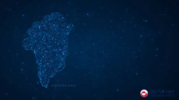 Vector illustration of Greenland Map modern design with polygonal shapes on dark blue background. Business wireframe mesh spheres from flying debris