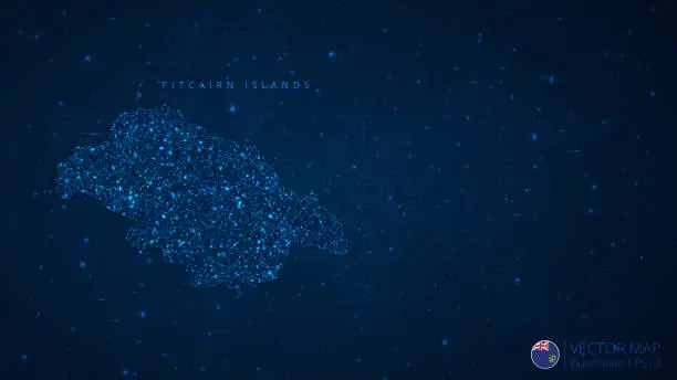 Vector illustration of Pitcairn Islands Map modern design with polygonal shapes on dark blue background. Business wireframe mesh spheres from flying debris