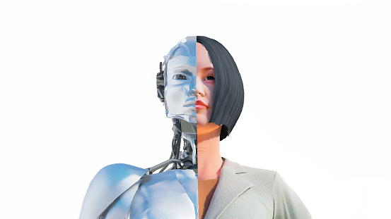 3d image of a half-woman and half-humanoid looking into the camera. Female AI cyborg on white background.