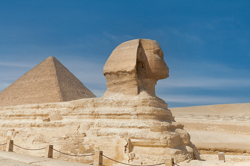 The Sphinx of and the great Pyramid of Giza. Egypt.