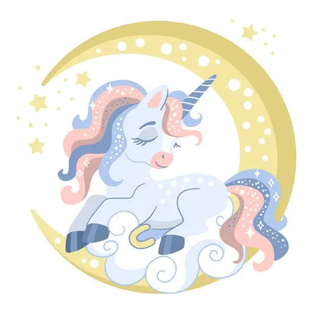 Vector illustration of Cute cartoon character sleeping on a moon unicorn vector