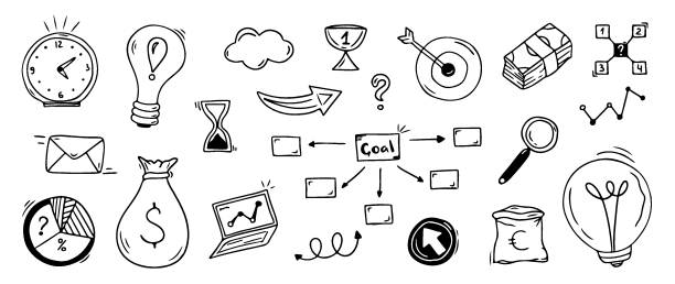 istock Sketch doodle business elements, financial hand drawn icons. Vector growth success concept 1733491933