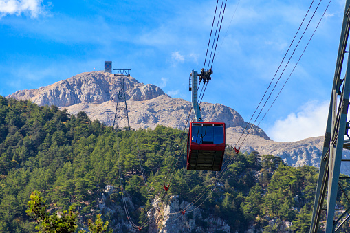 Cable-car transporting skiiers up to a mountain summit in the Alps.