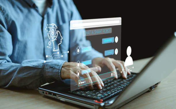istock Chat bot Chat with AI digital concept. Business man using technology smart robot AI, artificial intelligence by enter command prompt for generates by computer, Futuristic technology transformation 1733499327
