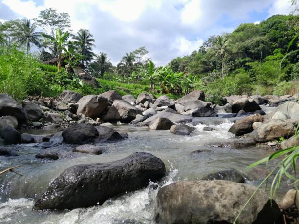 istock Small river with green hills and blue sky in the background. 1733512387