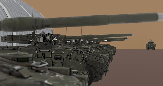wheeled military tanks at the base, the squad is preparing for a mission, colors drawing style, abstraction