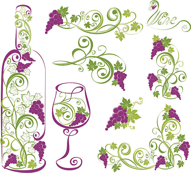 ilustrações de stock, clip art, desenhos animados e ícones de vetor elementos de design de vinhos - silhouette wine retro revival wine bottle