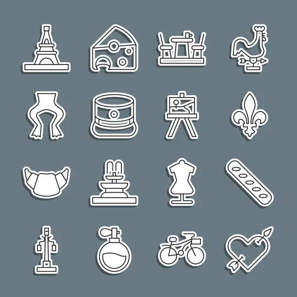 Vector illustration of Set line Amour with heart and arrow, French baguette bread, Fleur De Lys, cafe, Kepi, Frog legs, Eiffel tower and Easel or painting boards icon. Vector