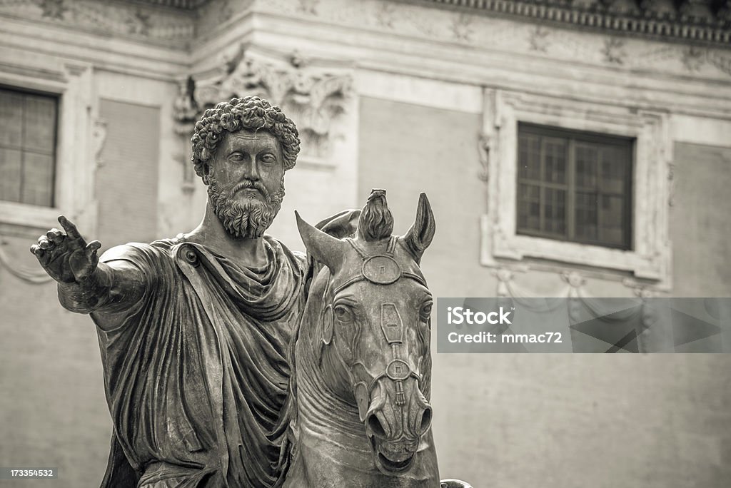 Equestrian Statue of Marcus Aurelius The Equestrian Statue of Marcus Aurelius in Rome, Italy, is made of bronze and stands 11’ 6” tall. Although the emperor is mounted, it exhibits many similarities to standing statues of Augustus. The original is on display in the Palazzo dei Conservatori, with the one now standing in the open air of the Piazza del Campidoglio being a replica made in 1981 when the original was taken down for restoration in the Palazzo. Marcus Aurelius Stock Photo