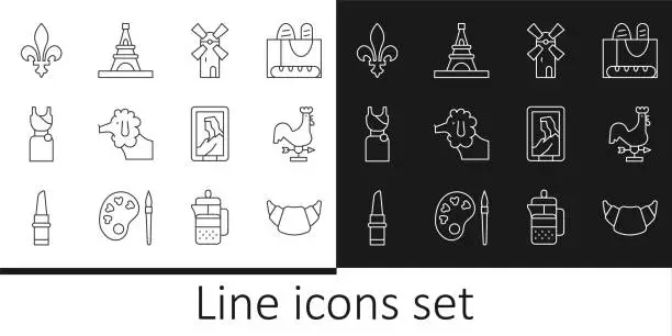 Vector illustration of Set line Croissant, Rooster weather vane, Windmill, Poodle dog, Woman dress, Fleur De Lys, Portrait museum and Eiffel tower icon. Vector