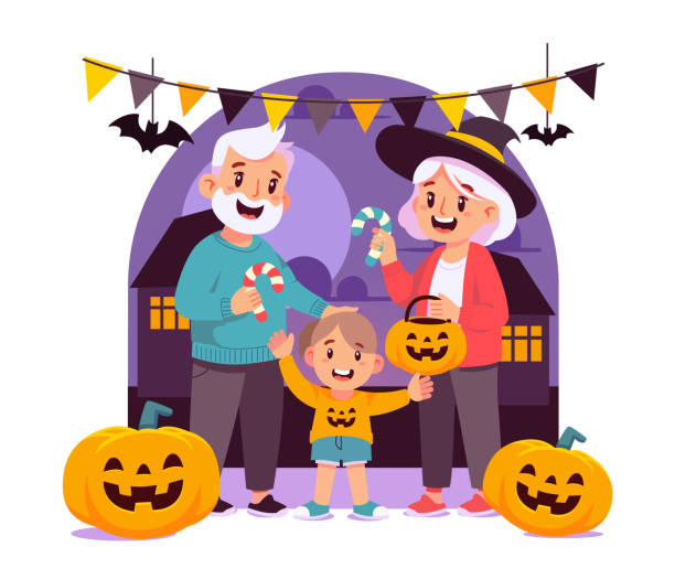 Happy Grandparents preparing trick-or-treating with Granddaughter, Happy Halloween vector art illustration