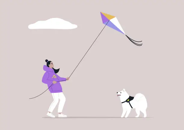Vector illustration of A young character flying a kite on a windy day while enjoying quality time with their Samoyed puppy