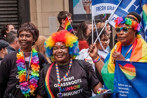 Image of people taking part in the Manchester Pride Parade, 2023 representing the Fresh Grassroots Rainbow Community.
 
Manchester Pride is a charity that campaigns for LGBTQ+ equality across the United Kingdom, predominantly in Greater Manchester

Manchester, UK - August 26th, 2023