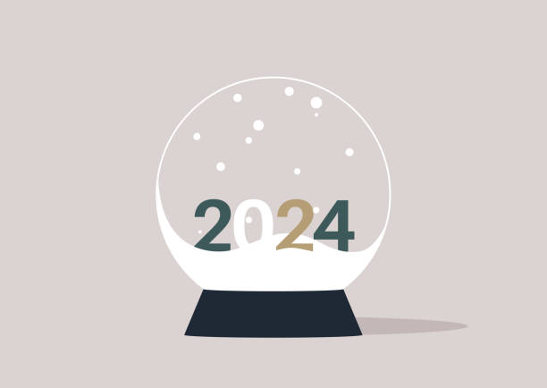 ilustraciones, imágenes clip art, dibujos animados e iconos de stock de una bola de cristal con una tormenta de nieve arremolinada y los dígitos 2024 en su interior, que sirve como símbolo del próximo año nuevo - snow globe dome glass transparent