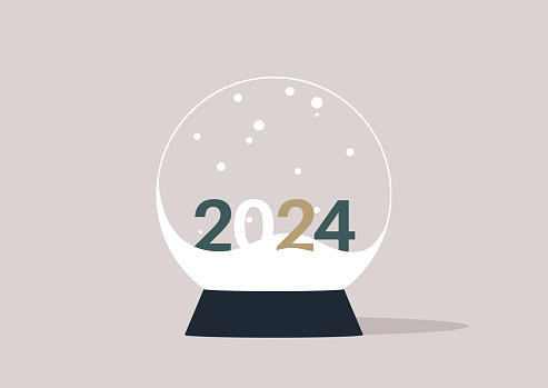 A crystal ball with a swirling snowstorm and the digits 2024 inside, serving as a symbol of the upcoming new year