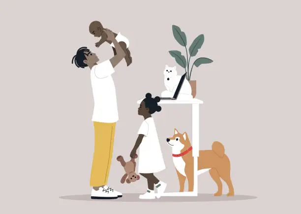 Vector illustration of Work life balance, A young parent playing with their children and pets while doing their office tasks remotely