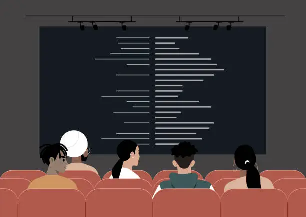 Vector illustration of A cinema movie screen showcasing the final titles, creating an ambiance of art and entertainment, with individuals seated in red-upholstered chairs