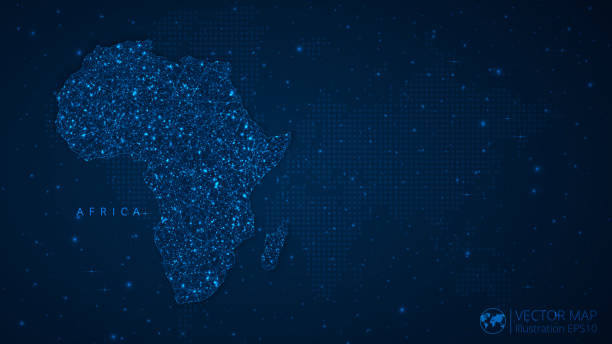 istock Africa Continent Map modern design with polygonal shapes on dark blue background. Business wireframe mesh spheres from flying debris 1733579416