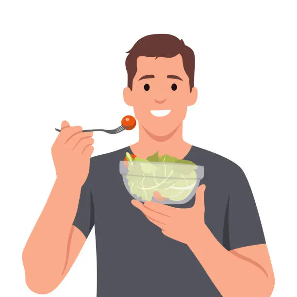 Vector illustration of Young man eating salads. Diet food for life. Healthy foods with benefits. Healthy and vegan food concept.