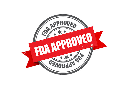 Circle shaped red FDA Approved stamp. Horizontal composition.