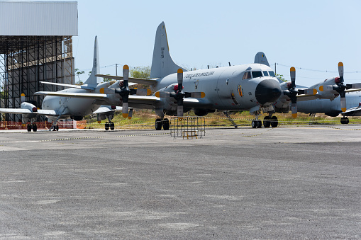 Salvador, Bahia, Brazil - November 11, 2014: P-3AM Orion aircraft from the Brazilian air force parked at the Open Gates exhibition of aeronautics in the city of Salvador, Bahia
