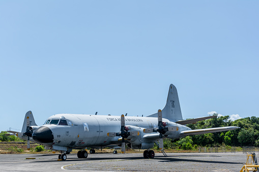 Salvador, Bahia, Brazil - November 11, 2014: P-3AM Orion plane from the Brazilian air force is seen at the air force base in the city of Salvador, Bahia