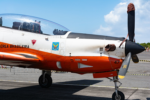 Salvador, Bahia, Brazil - November 11, 2014: Brazilian air force T-27 aircraft on display to the public at the military base in the city of Salvador, Bahia.