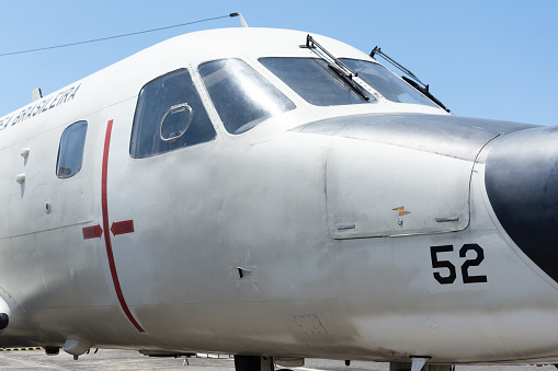 Fairchild C-119 Flying Boxcar military airplane taxiing for takeoff at Waterloo, Iowa, USA. Photographed in 1966.