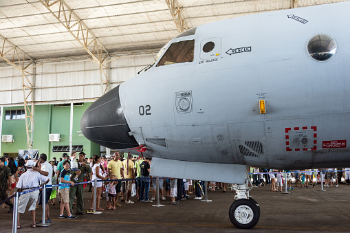 Salvador, Bahia, Brazil - November 11, 2014: P-3AM Orion aircraft from the Brazilian air force on display at the open gates of the air force in the city of Salvador, Bahia