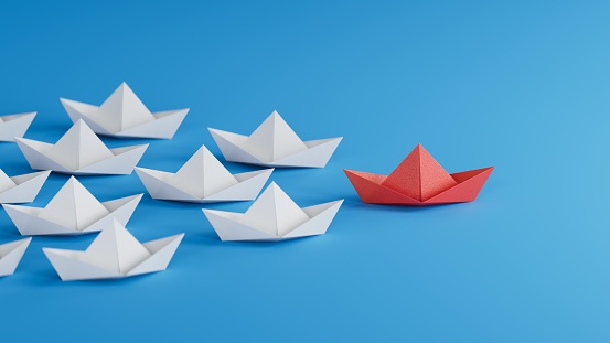 Different business concept.new ideas. paper art style. creative idea.Leadership concept, blue leader boat leading white boats.3D rendering on blue background.