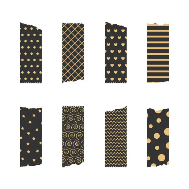 Vector illustration of Washi Tapes black and gold collection of flat vector elements for scrapbook