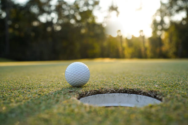 istock Golf ball on green grass in the evening golf course with sunshine background. 1733612962