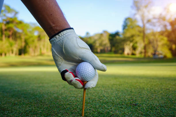 istock Hand hold golf ball with tee on course, golf course background. 1733621951