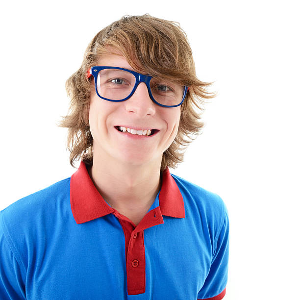 funny smiling young man wearing trendy sunglasses stock photo