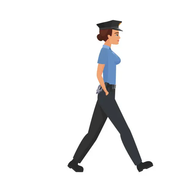 Vector illustration of Side view of walking policewoman