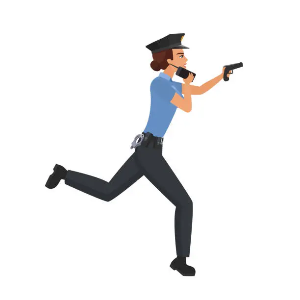 Vector illustration of Policewoman running with gun
